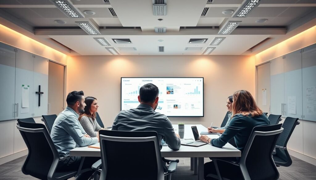 A brightly lit, modern office space with a large, central conference table surrounded by comfortable, ergonomic chairs. The walls are adorned with sleek, minimalist whiteboards and digital screens displaying real-time collaboration tools and project management dashboards. In the foreground, a group of professionals engaged in a lively discussion, their faces animated as they work together on a shared task projected onto a central display. Warm, directional lighting from overhead illuminates the scene, creating a sense of productivity and teamwork. The overall atmosphere is one of efficiency, connectivity, and creative problem-solving.