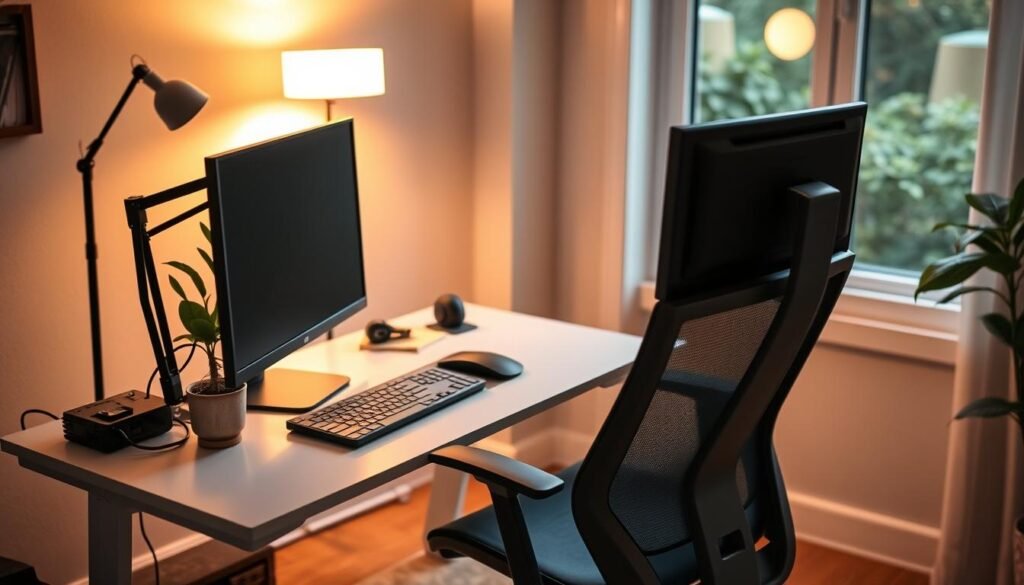 A cozy, well-lit home office with an ergonomic desk, adjustable chair, and supportive keyboard tray. The desk has a sleek, minimalist design with ample workspace and hidden cable management. An adjustable monitor arm provides the perfect viewing angle. A potted plant and warm lighting create a serene, focused atmosphere. The chair has lumbar support and can swivel, tilt, and adjust in height. Soft, indirect lighting from a floor lamp and large window illuminates the space. The entire setup is thoughtfully arranged to promote comfort, posture, and productivity.
