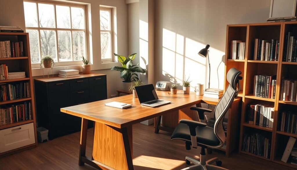 A cozy, well-organized workspace with a large wooden desk, clean lines, and minimal clutter. Soft, natural lighting filters through the large windows, casting a warm glow on the space. A sleek, ergonomic chair provides comfortable support. The desktop is clear, save for a laptop, a few carefully placed office supplies, and a potted plant adding a touch of greenery. Bookshelves line the walls, neatly arranged with reference materials. The overall atmosphere is calm, focused, and conducive to productive, distraction-free work.