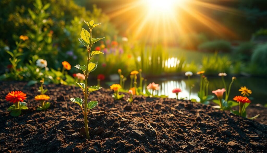A lush, vibrant garden in full bloom, symbolizing the benefits of a growth mindset. In the foreground, a young sapling bursting forth from the soil, its leaves unfurling towards the warm, golden sunlight filtering through wispy clouds. In the middle ground, a variety of colorful flowers and thriving plants, each one uniquely reaching new heights. In the background, a tranquil pond reflects the scene, creating a sense of harmony and balance. The overall atmosphere is one of renewal, progress, and the endless possibilities that come with embracing a growth-oriented perspective.