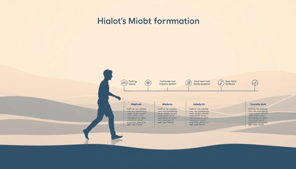 A meticulously designed process diagram illustrating the habit formation journey. In the foreground, a stylized human figure navigates a series of distinct stages, each represented by geometric shapes and icons. The middle ground showcases a visual timeline, with milestones and feedback loops guiding the user's progress. The background features a minimalist landscape, conveying a sense of focus and determination. Soft, muted tones create a serene, contemplative atmosphere, while carefully selected lighting and camera angles enhance the conceptual depth of the illustration. The overall composition aims to educate and inspire the viewer, providing a clear, structured representation of the habit formation process.