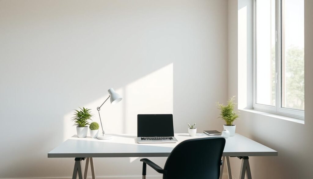 A minimalist and serene workspace setup, bathed in soft, natural lighting from a large window. A sleek, uncluttered desk with a laptop, a simple desk lamp, and a few potted plants adding a touch of greenery. The background is a plain, neutral-toned wall, creating a calming and distraction-free environment. The overall atmosphere is one of focus, productivity, and tranquility, encouraging deep work and concentration.
