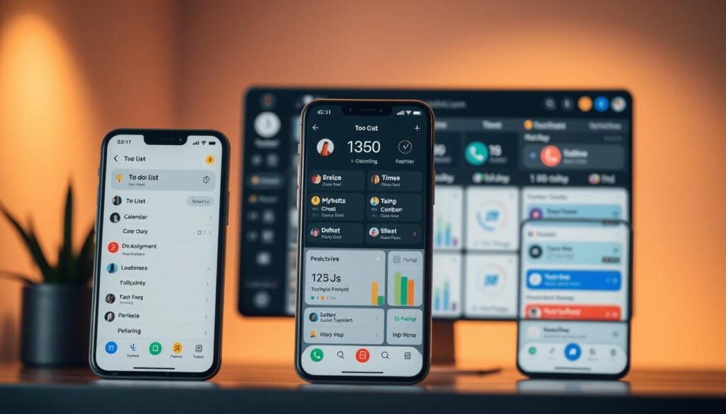 A modern, sleek productivity app interface displaying a range of features in a clean, well-organized layout. In the foreground, a to-do list, calendar, and timer are prominently featured, with intuitive controls and colorful icons. The middle ground showcases collaborative tools like chat, file sharing, and task assignment, hinting at the app's team-oriented functionality. In the background, a minimalist dashboard provides an overview of productivity metrics, progress tracking, and goal-setting capabilities. Warm, diffused lighting creates a professional, focused atmosphere, while a shallow depth of field emphasizes the key app elements. The overall design is contemporary, inspiring, and optimized for maximum user efficiency.