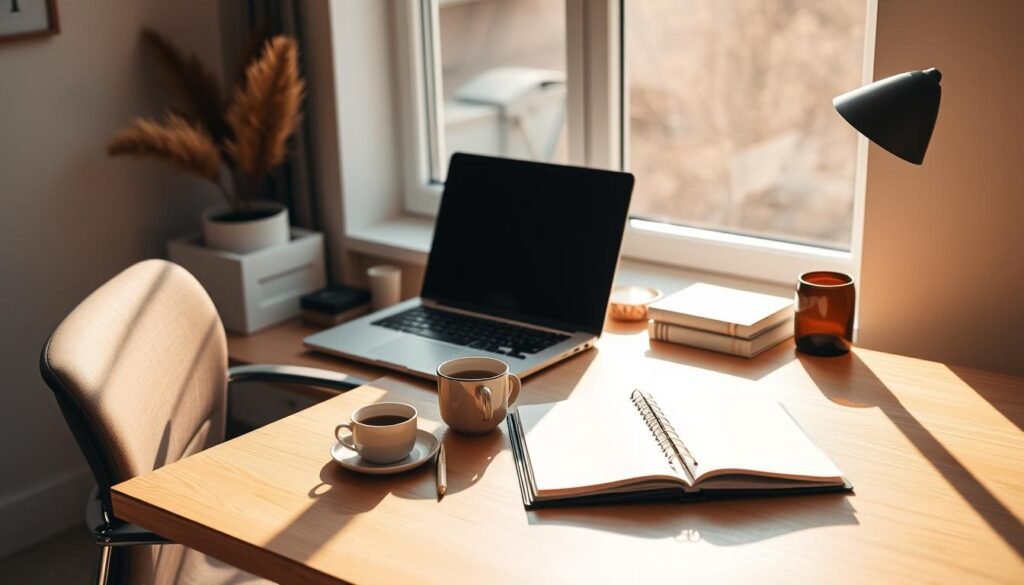 A neatly organized desk with a laptop, planner, and cup of coffee set against a bright, natural-lit window. A modern office chair and minimal, earthy-toned decor create a tranquil, focused atmosphere. Warm sunlight filters in, casting soft shadows and highlighting the carefully curated workspace. The scene conveys a sense of mindful planning, productivity, and work-life balance.