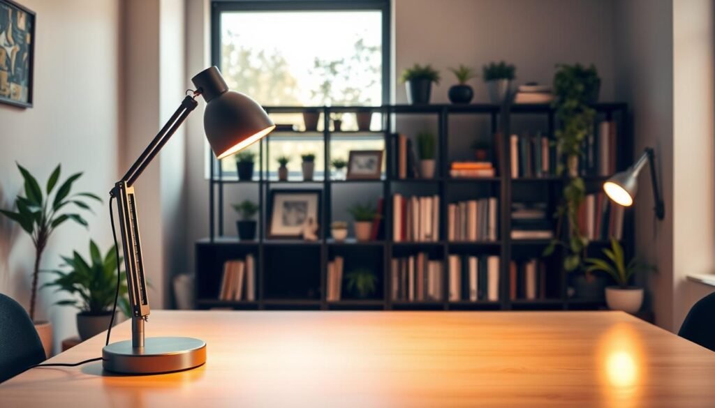 A neatly organized workspace with an intentional lighting setup. A large desk in the foreground, illuminated by a modern, adjustable desk lamp casting a warm, focused glow. In the middle ground, a bookshelf with carefully curated decor and greenery, providing soft ambient lighting. The background features a large window allowing natural daylight to filter in, creating a serene, inspiring atmosphere. The overall scene exudes a sense of order, productivity, and creativity, inviting the viewer to immerse themselves in a workspace conducive to deep focus and innovative thinking.