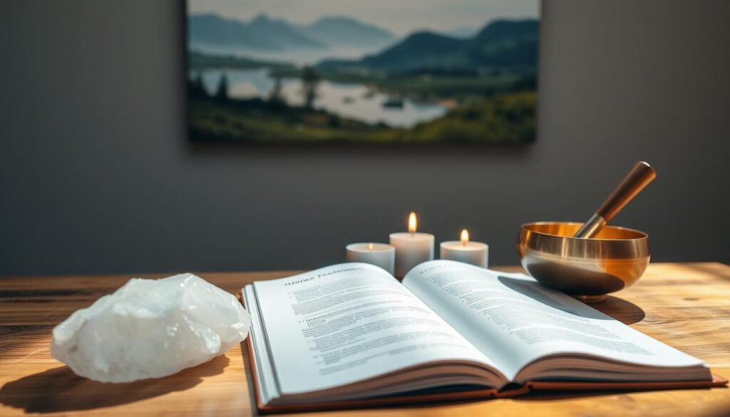 A serene collection of meditation tools lies atop a wooden table, bathed in soft, natural lighting. In the foreground, a large, smooth crystal quartz rests alongside a small brass singing bowl, its surface gleaming. In the middle ground, an open book on mindfulness techniques sits next to a set of aromatherapy candles, their gentle flames flickering. In the background, a serene landscape painting hangs on the wall, creating a peaceful, contemplative atmosphere. The overall scene evokes a sense of tranquility and focus, inviting the viewer to embark on a guided meditation journey.
