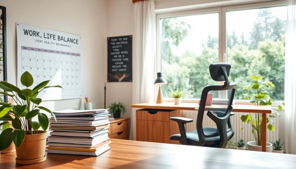 A serene home office with abundant natural light, a spacious wooden desk, and a comfortable ergonomic chair. In the foreground, a potted plant and a stack of organized files symbolize work-life balance. The middle ground features a large wall calendar and a motivational quote, guiding the viewer towards maintaining healthy boundaries. In the background, a window overlooking a lush, green garden creates a sense of tranquility, inviting the mind to find respite from the demands of the workday. Soft, warm lighting emanates from a desk lamp, creating a cozy, focused atmosphere. The overall scene exudes a harmonious blend of productivity and self-care.