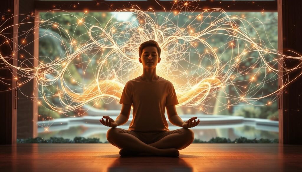 A serene meditation sanctuary, bathed in soft, warm lighting. In the foreground, a person sits cross-legged, eyes closed, hands resting on their lap, deeply immersed in mindful contemplation. Surrounding them, a swirling, ethereal field of cognitive patterns - synaptic connections, neural pathways, and memories - visualized as glowing lines and shapes. In the background, a tranquil garden landscape with lush foliage and a calming water feature, evoking a sense of balance and harmony. The scene conveys a state of enhanced cognitive flexibility and memory, achieved through the power of meditation.