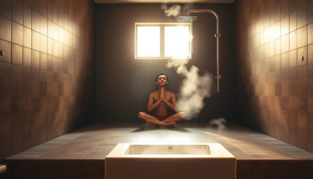 A serene meditation space with a person sitting cross-legged, eyes closed, in a dimly lit room. Soft natural light filters through a window, casting warm, diffused illumination. In the foreground, a modern, minimalist shower stall stands, steam gently curling upwards. Tiles in earthy tones line the walls, creating a calming, spa-like atmosphere. The overall mood is one of introspection, focus, and rejuvenation, reflecting the power of these mind-body exercises to enhance concentration and mental clarity.