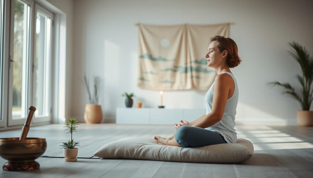 A serene meditation studio with soft natural lighting filtering through large windows. In the foreground, a person sits cross-legged on a plush meditation cushion, their eyes closed in deep focus. Surrounding them, an array of mindfulness tools - a Tibetan singing bowl, an incense burner, and a small potted plant. The middle ground features a minimalist altar with a single lit candle, casting a warm glow. In the background, a simple yet elegant wall hanging depicting a tranquil landscape, evoking a sense of calm. The overall atmosphere is one of tranquility, introspection, and a connection to the present moment.