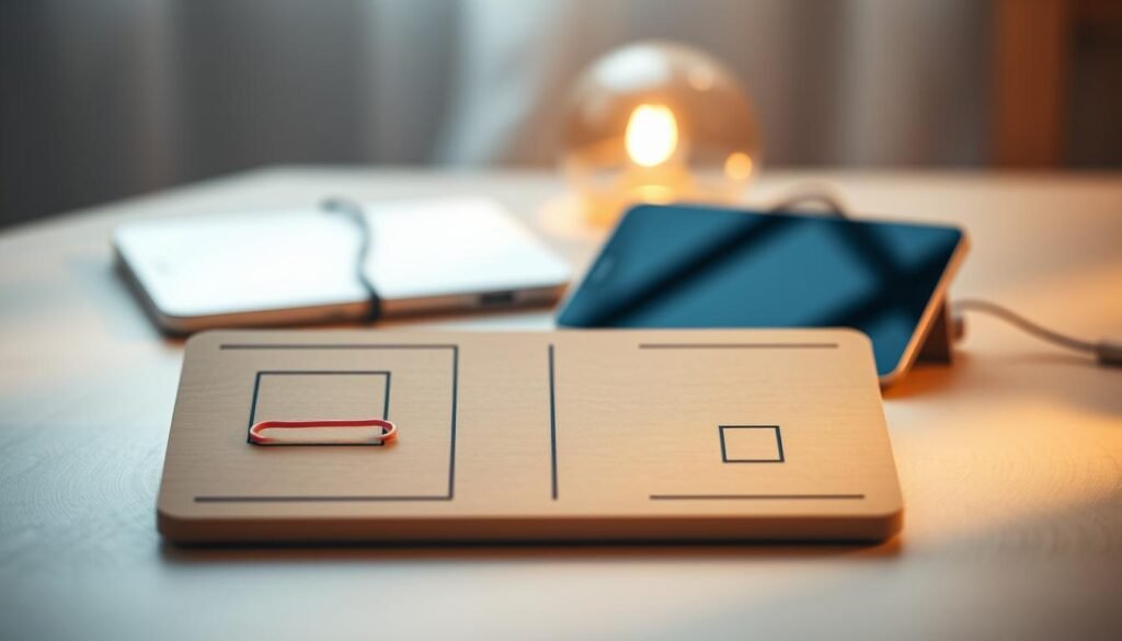 A serene, minimalist landscape with a central focus on a tactile, tangible strategy board. The board features simple geometric shapes and lines, representing a methodical, focused approach to digital decluttering. Warm, natural lighting casts a soft glow, creating a contemplative atmosphere. In the background, blurred technology devices suggest the need for balance and intentionality. The overall composition conveys a sense of clarity, control, and a strategic mindset towards managing digital distractions.