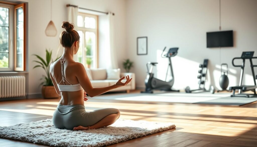 A serene morning scene, bathed in soft, natural light. In the foreground, a person gracefully performing gentle yoga poses on a plush mat, their movements fluid and mindful. The middle ground features a cozy, minimalist living space, with an open window offering a glimpse of greenery outside. In the background, a well-equipped home gym setup, with weights, a treadmill, and other fitness equipment, suggesting a holistic approach to self-care. The overall atmosphere is one of tranquility, balance, and a sense of intentional, sustainable wellness.