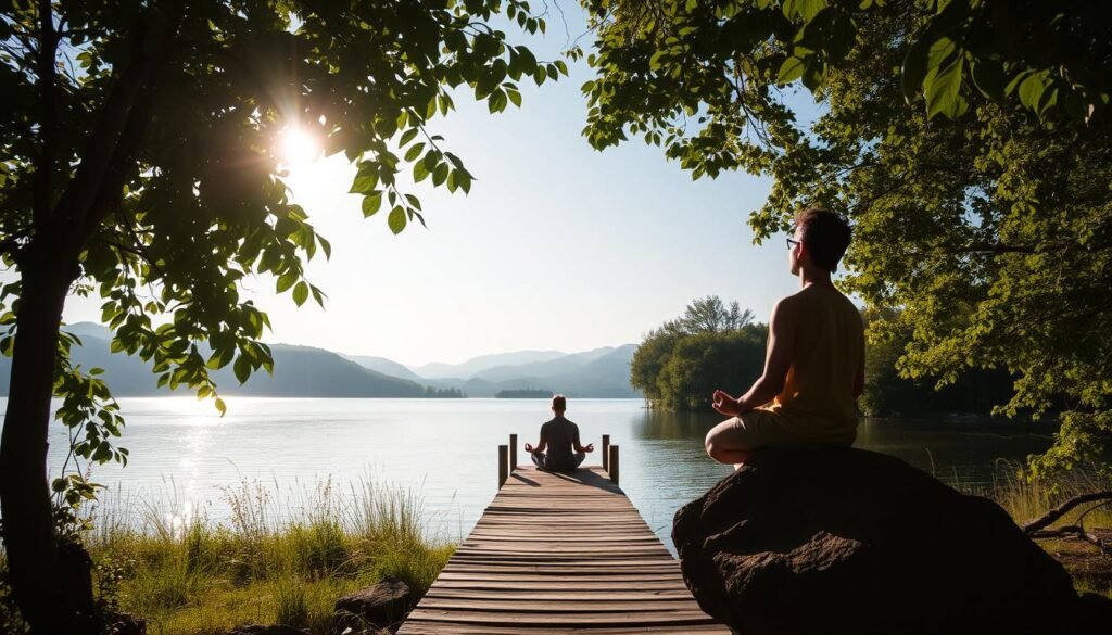 A serene nature scene of a person sitting on a rock, surrounded by lush greenery and a tranquil lake. Sunlight filters through the leaves, casting a warm, calming glow. In the foreground, the person is in a meditative pose, eyes closed, disconnected from digital devices. The middle ground features a wooden dock leading to the still waters, symbolizing a transition from the digital world to the natural world. In the distance, rolling hills and a clear sky create a sense of peaceful isolation, encouraging the viewer to slow down and disconnect from technology.