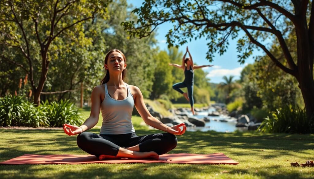 A serene, sun-dappled garden setting, with a person in the foreground sitting cross-legged on a yoga mat, eyes closed in deep meditation. In the middle ground, the same person is shown in dynamic movement, performing a graceful yoga pose. The background features a harmonious blend of lush greenery, a gentle stream, and a clear, azure sky. The lighting is soft and natural, casting a warm, tranquil glow over the entire scene. The overall atmosphere conveys a balance of physical vitality and mental tranquility, embodying the harmony of exercise and meditation.