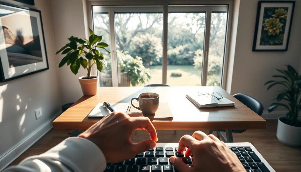A serene, sun-dappled workspace with a sleek, minimalist wooden desk and a potted plant. On the desk, a cup of coffee steams gently, accompanied by a high-quality fountain pen, a notebook, and a pair of reading glasses. The walls are adorned with framed nature photography, creating a calming, focused atmosphere. A large window overlooking a tranquil garden fills the room with natural light, casting soft shadows across the scene. In the foreground, a pair of hands rest on the desk, fingers poised over a keyboard, exuding a sense of intentional, productive concentration.