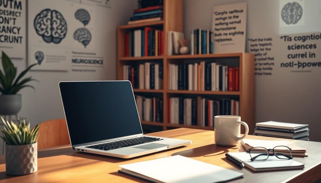 A serene, well-lit study space, the desk bathed in soft, warm lighting. On the desk, a laptop, a cup of coffee, and various everyday items - a notebook, a pen, a pair of reading glasses. In the background, a bookshelf filled with volumes on cognitive science, neuroscience, and self-improvement. The walls adorned with brain diagrams and motivational quotes, creating an atmosphere of intellectual contemplation and personal growth. The overall mood is one of focused, mindful engagement with the daily tasks that nourish and stimulate the brain.