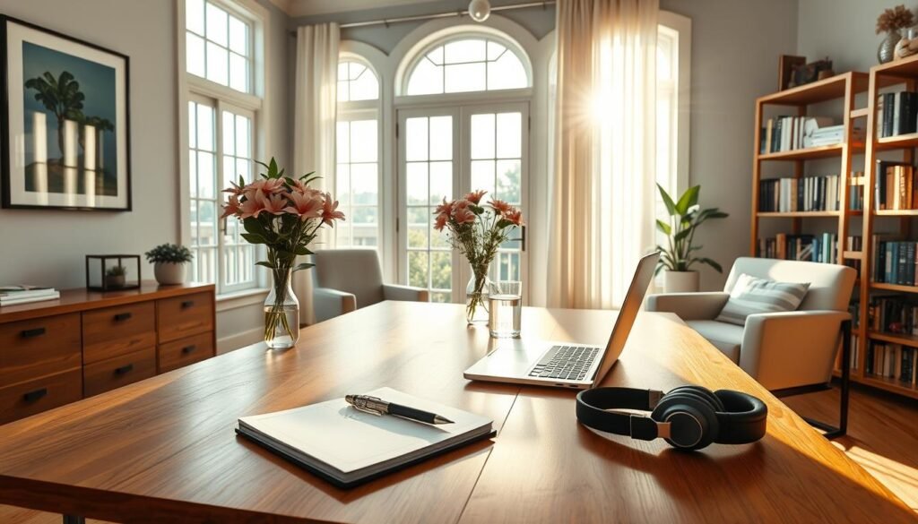 A well-lit, immaculate home office with a large wooden desk, a sleek laptop, a glass of water, and a vase of fresh flowers. Sunlight streams in through large windows, casting a warm, productive glow. On the desk, a planner, a fountain pen, and a pair of noise-cancelling headphones. A cozy armchair in the corner, perfect for mindful meditation. The walls are adorned with inspiring artwork and shelves filled with motivational books. The overall atmosphere is one of focus, efficiency, and a sense of intentionality, embodying the essential components of a successful morning routine for a thriving entrepreneur.