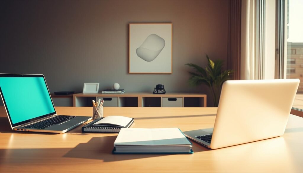 A well-organized office workspace with a minimalist desk, a laptop, a planner, and a desk organizer. The scene is illuminated by warm, natural lighting filtering through large windows, creating a serene and focused atmosphere. In the background, a simple, abstract wall art piece adds a touch of elegance. The overall composition emphasizes efficiency, attention to detail, and a mindful approach to time management.