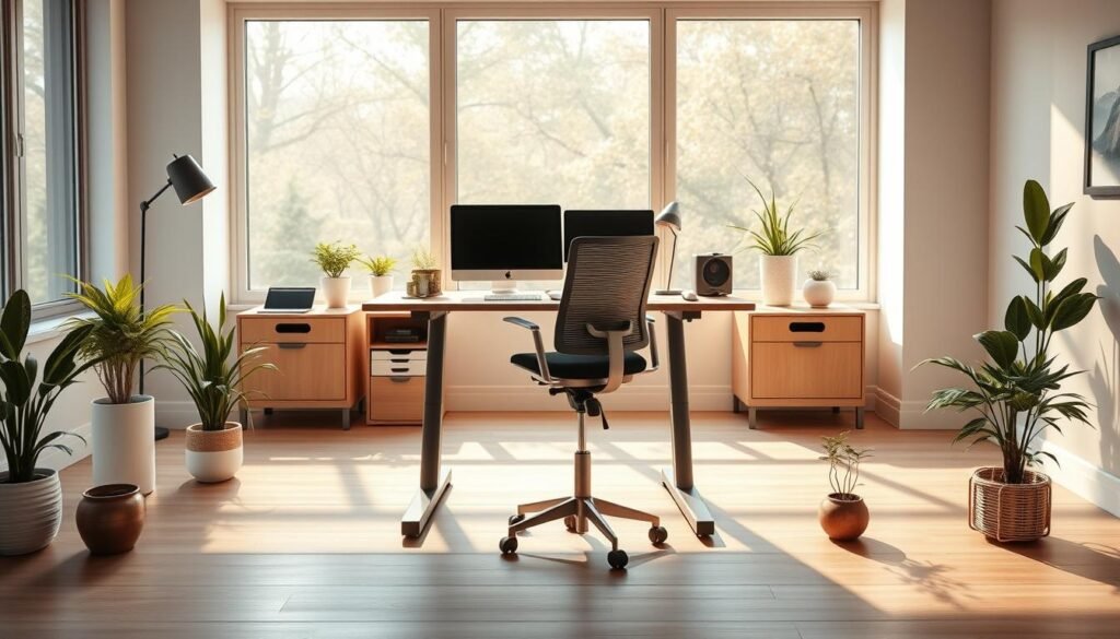 An ergonomically-optimized home office setup with a sleek, minimalist aesthetic. A sturdy, adjustable standing desk in a light wood finish sits in the center, accompanied by a high-quality office chair with lumbar support. The workspace is bathed in warm, diffused natural light from large windows, complemented by discrete task lighting. Clean, uncluttered surfaces create a sense of focus, while potted plants and a zen-inspired desktop organizer add subtle touches of greenery and tranquility. The arrangement of the setup is thoughtfully designed to promote good posture, reduce eye strain, and foster a calm, productive mindset.