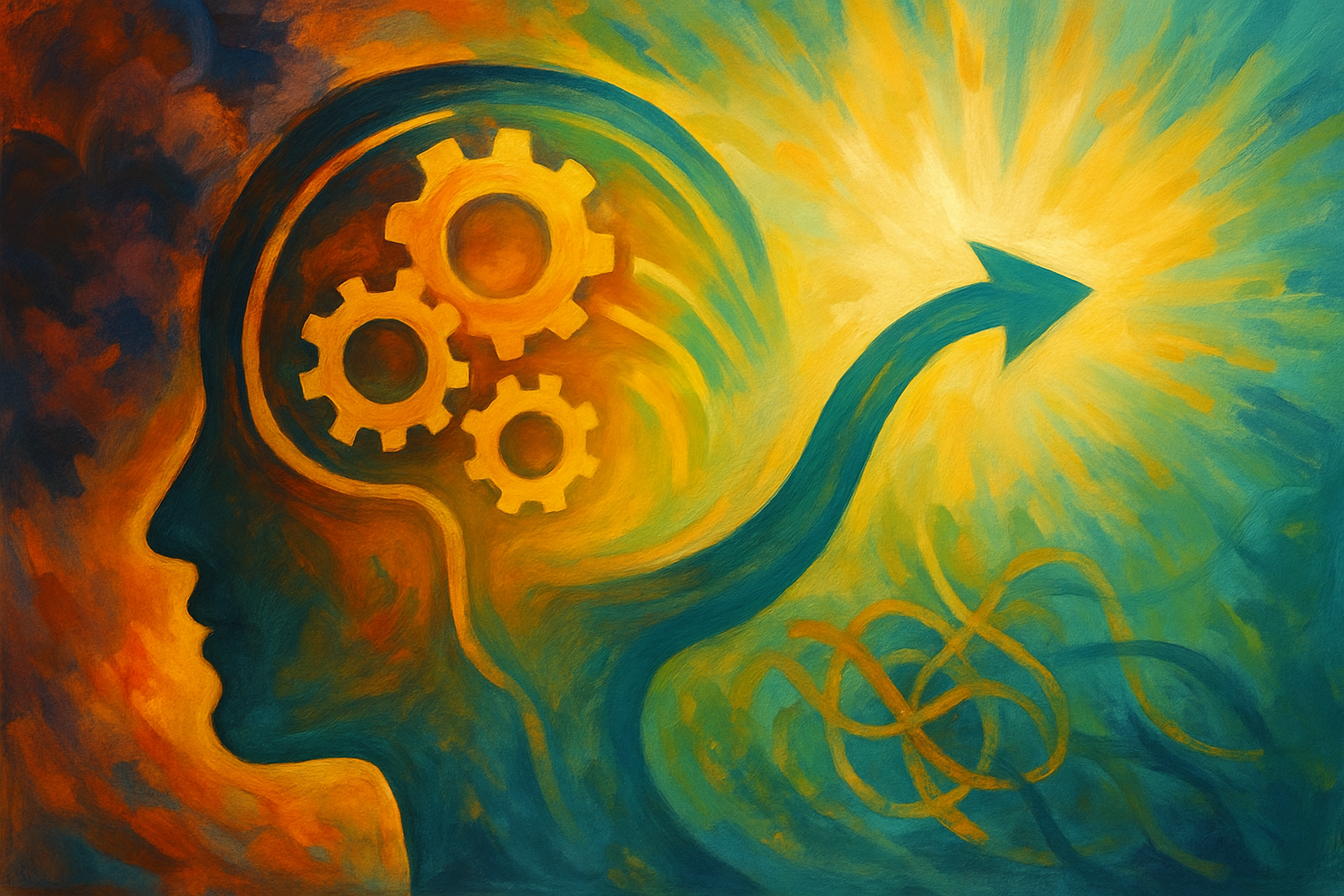 a painting of a person's head with gears and arrow